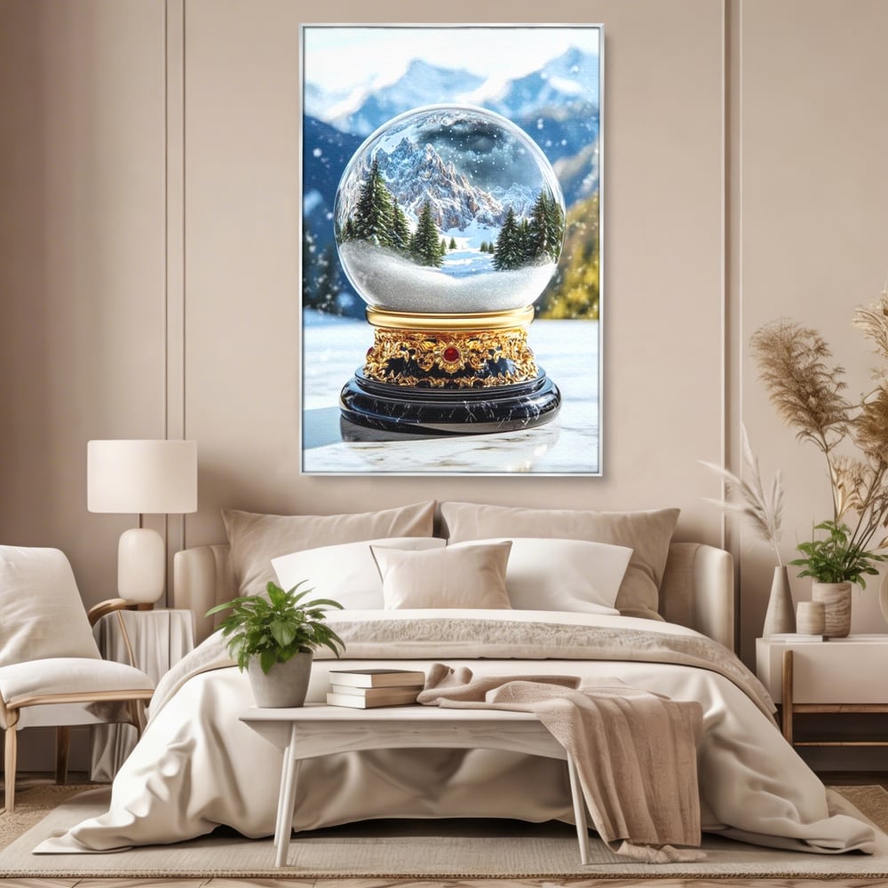 Tablou canvas cu tablou canvas cu glob de sticla si munti, in rama de aluminiu argintiu, pe perete intr-un dormitor